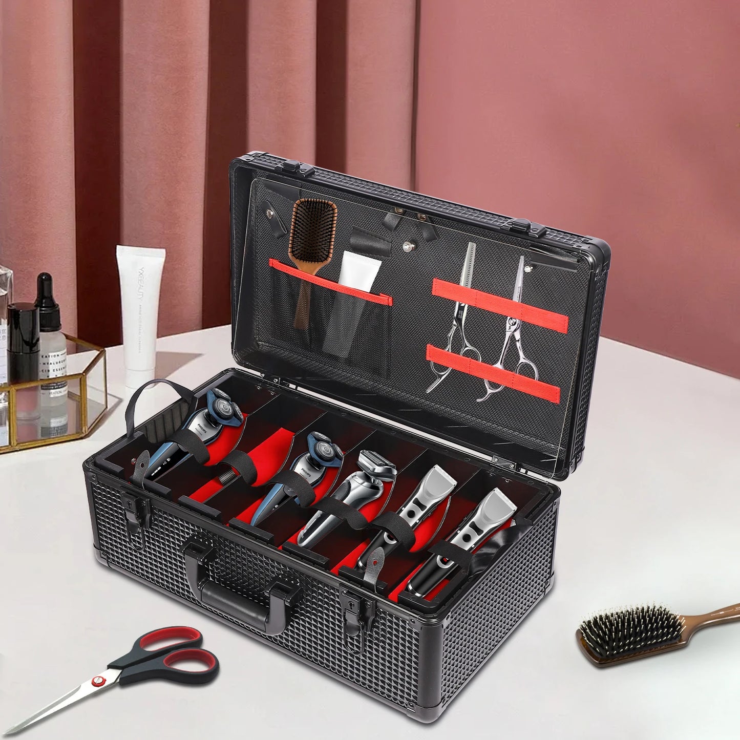 Professional Barber Case, Barber Makeup Supplies Case, Barbers Suitcase with Robust Secure Lock for Scissors, Clippers, Barber Tool Organizer Black