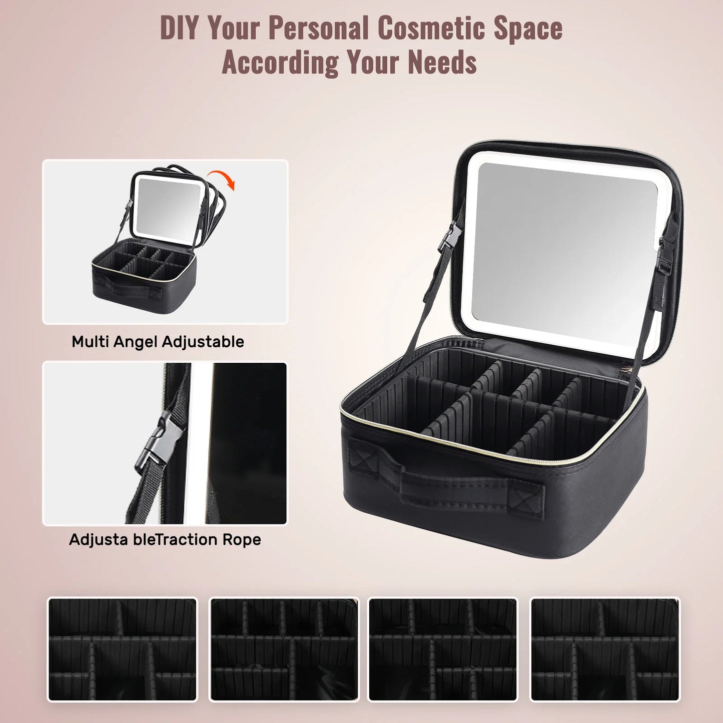 CN Travel Makeup Bag With LED Mirror And Adjustable Dividers