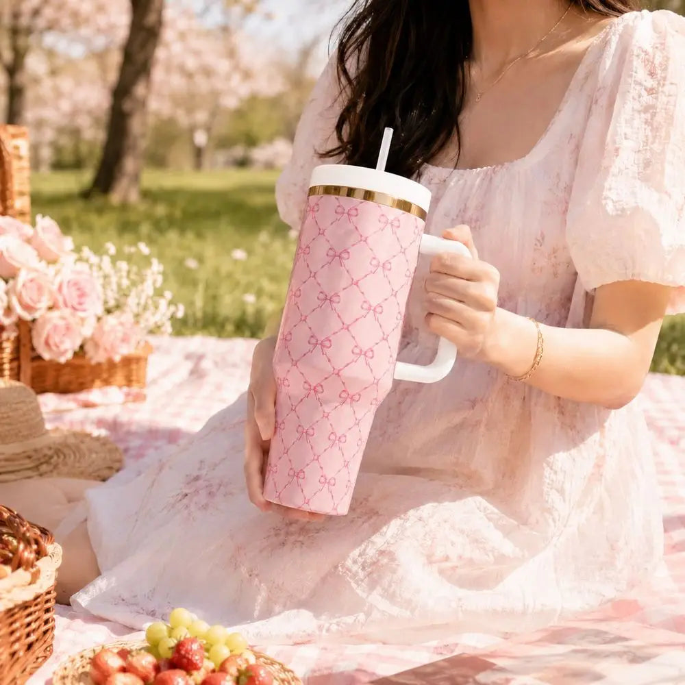 Floral Insulated Tumbler With Straw Lid And Carry Handle