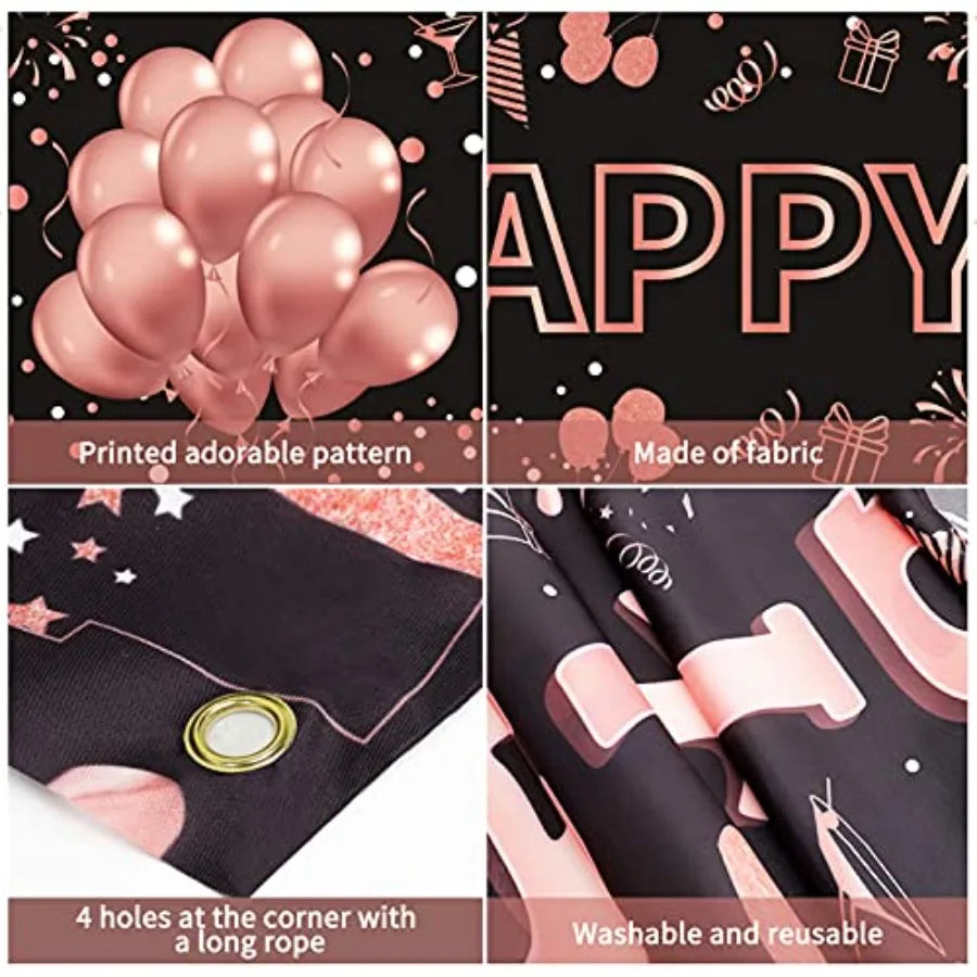 18th Birthday Decorations for Girls, Happy 18th Birthday Banner Rose Gold and Black 18 Year Old Birthday Decorations Party Supp