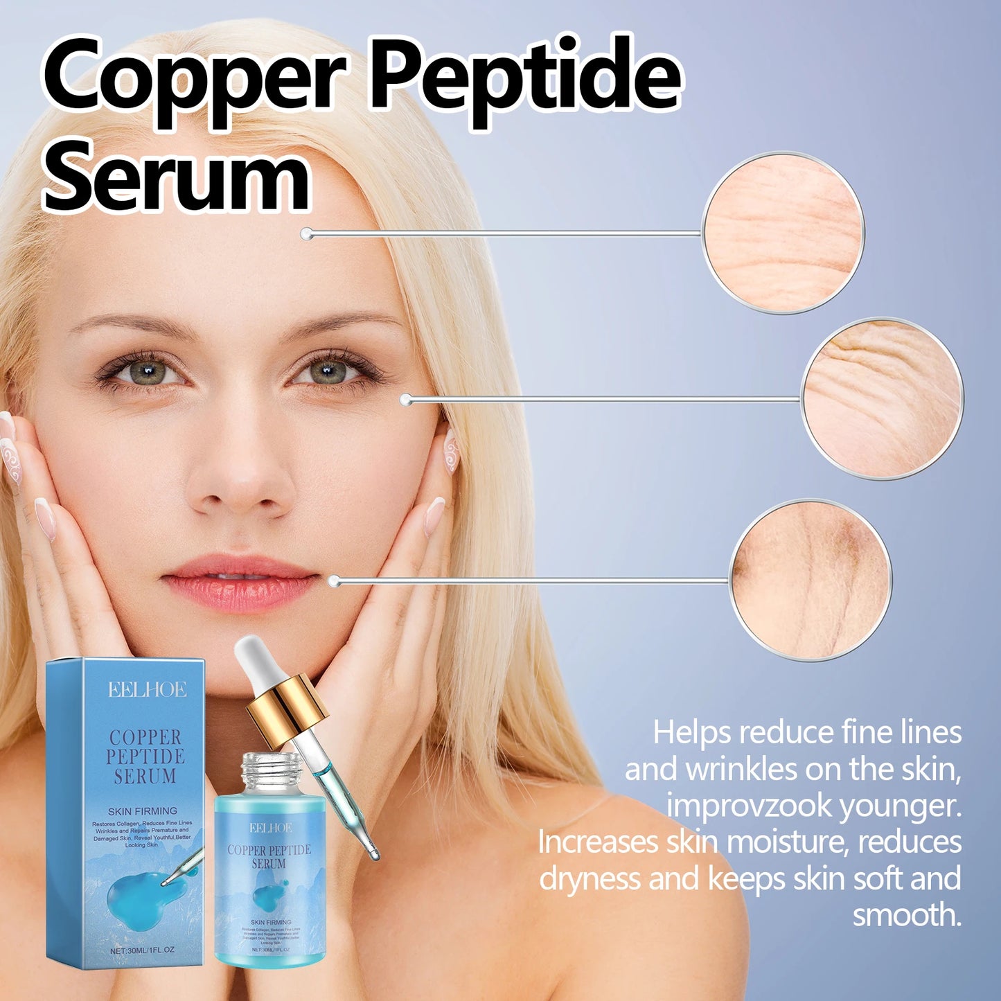 EELHOE 30ml Copper Peptide Facial Serum Moisturizing Firming Face Skin Increase Elasticity Anti Wrinkle Lines Daily Facial Care