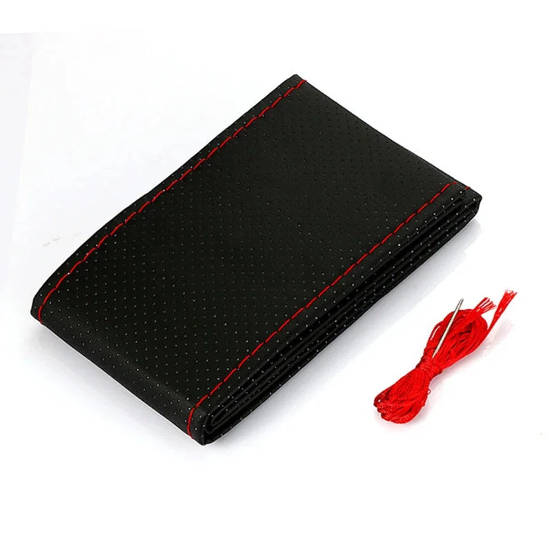 Leather Steering Wheel Cover Stitch On Wrap 15 Inch Steering Wheel Wrap Universal For Car Truck SUV Breathable Anti-Slip DIY Sewing With Needle Thread Black+Red
