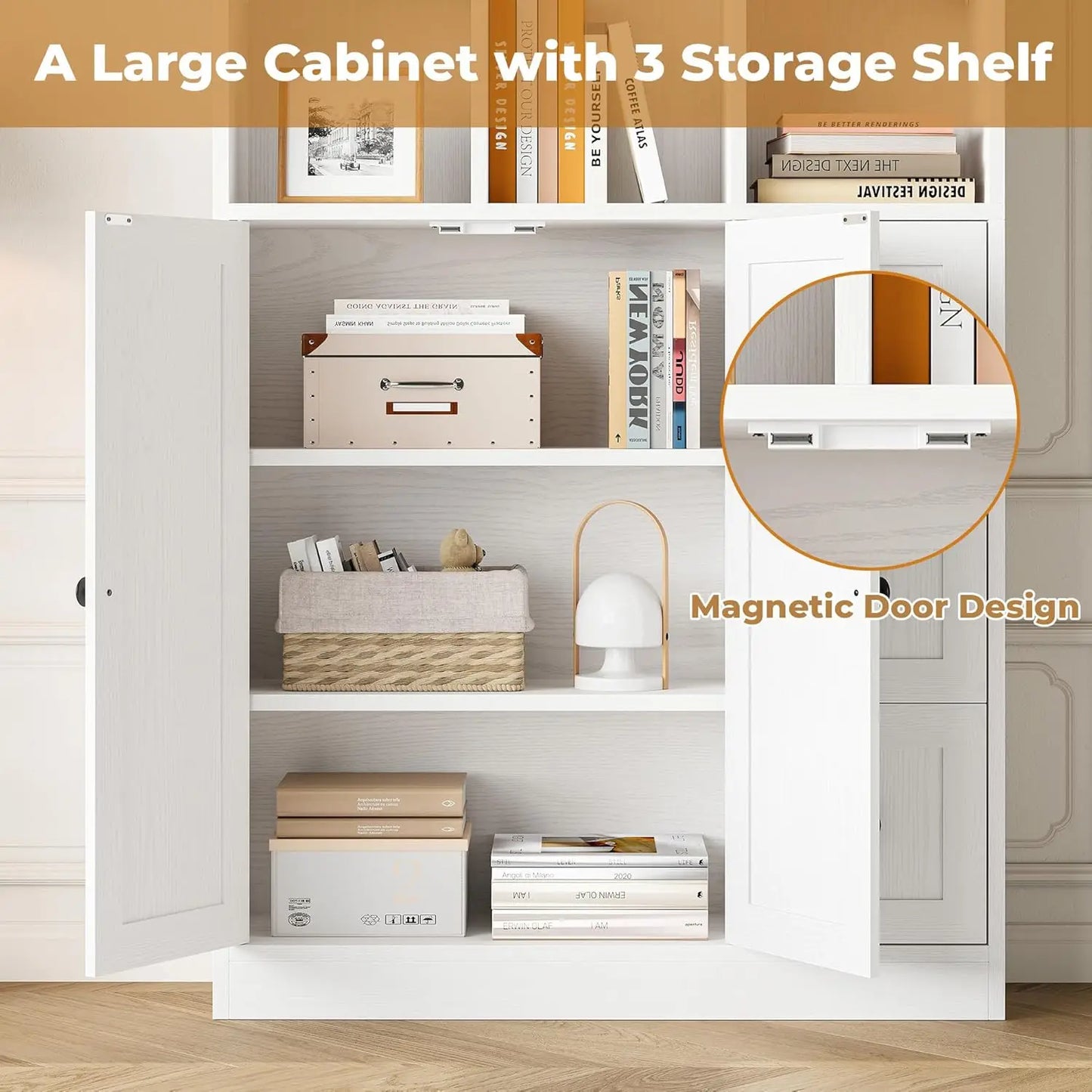 71" Tall Bookshelf Cabinet 3 Drawers 7 Tier Doors Open Shelves Living Room Home Office White Customized
