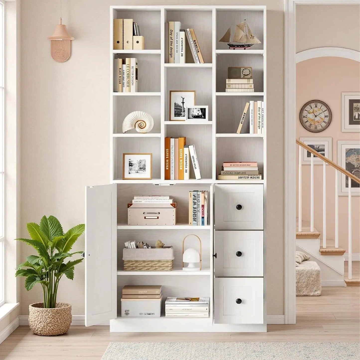 71" Tall Bookshelf Cabinet 3 Drawers 7 Tier Doors Open Shelves Living Room Home Office White Customized