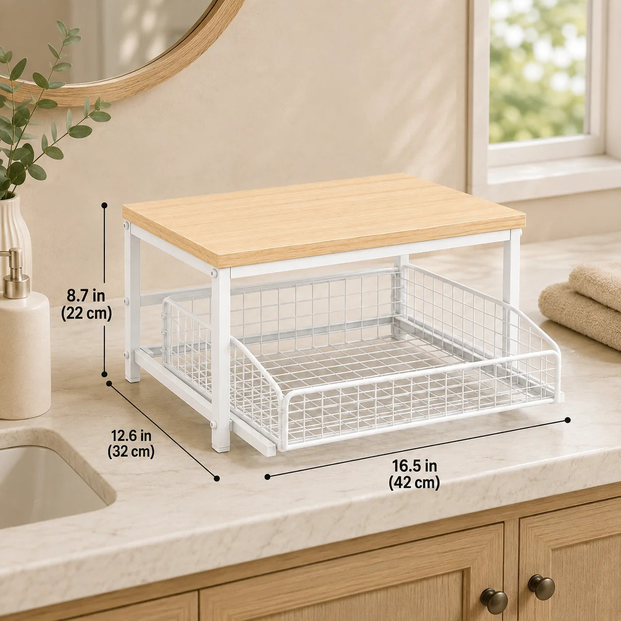 Pull Out Kitchen Counter Organizer with Sliding Wire Basket, Rustic Wood Countertop Storage Shelf for Coffee Station, Spice Rack, Pantry & Bathroom Organization