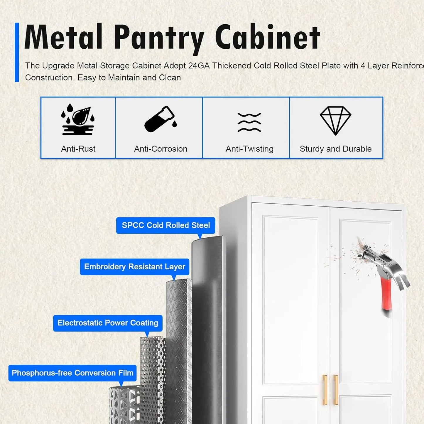 White Kitchen Pantry Cabinet, 71 Inch Tall Metal Storage Cabinet with Doors and Shelves, Pantry Cabinets, Customized
