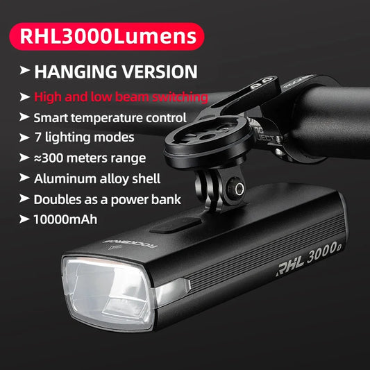 RockBros 3000LM Bike Light With 10000mAh Power Bank Waterproof Front Headlight High Low Beam For MTB And Road Cycling