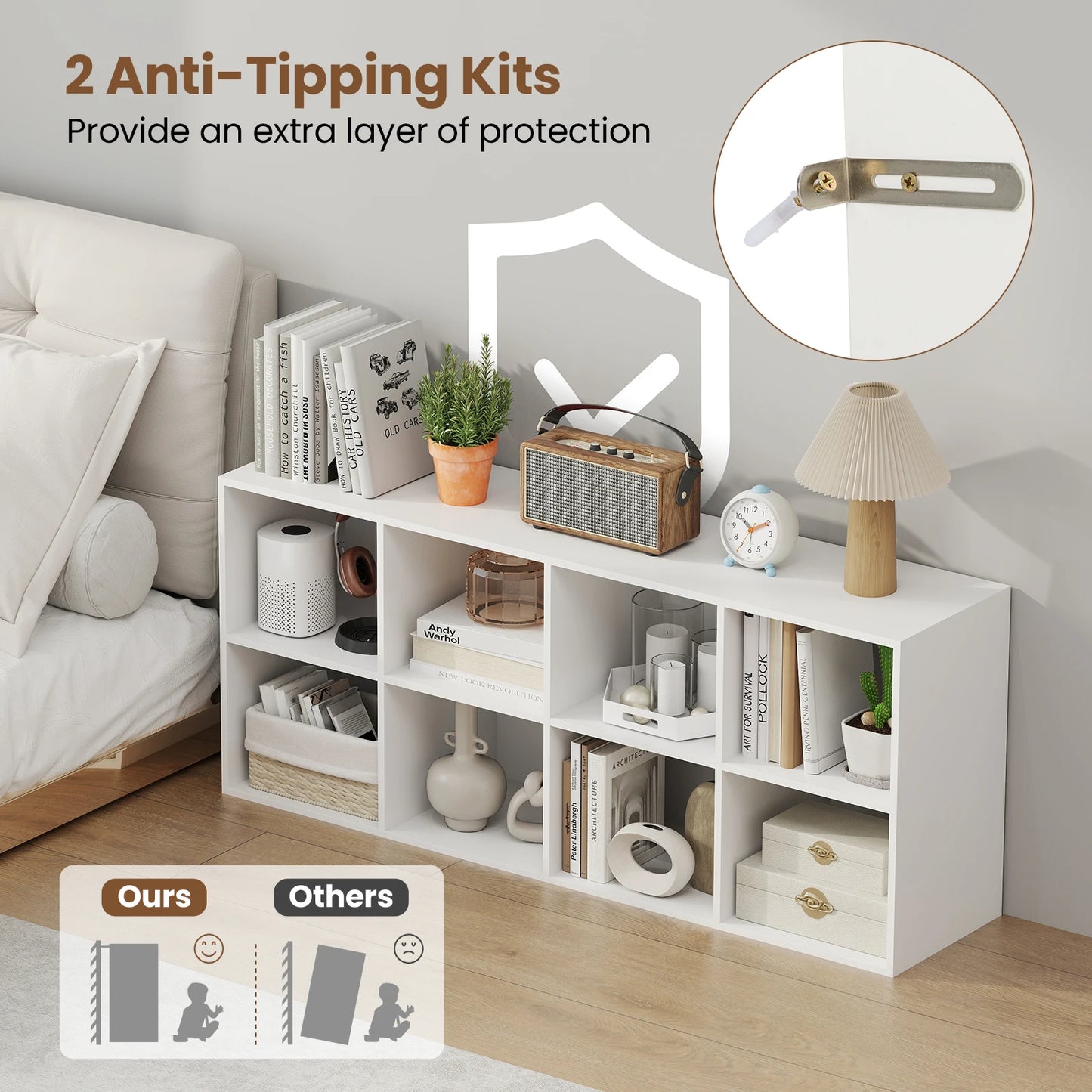 8-Cube Bookcase Bookshelf with 2 Anti-Tipping Kits Storage Organizer Rustic Brown