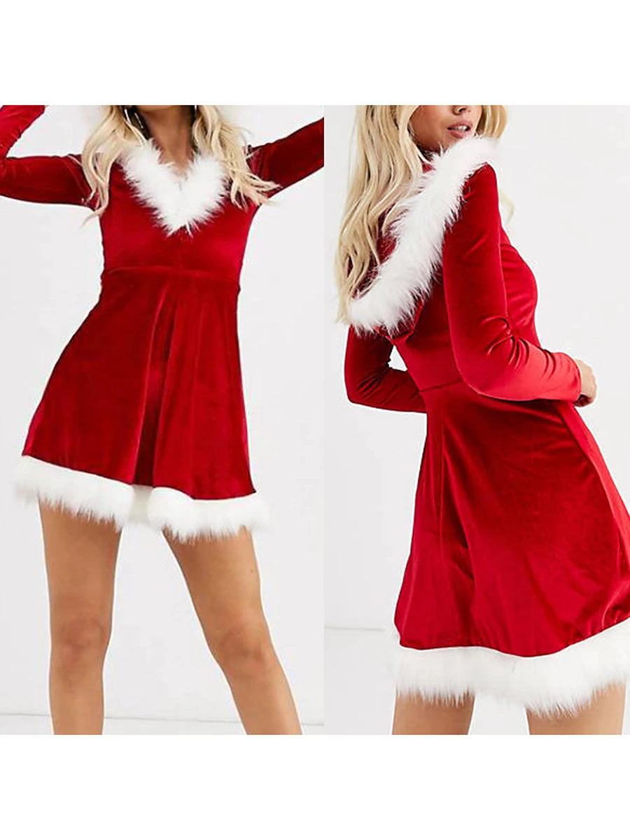 Reindeer Print Hooded Sweater Dress With Faux Fur Trim