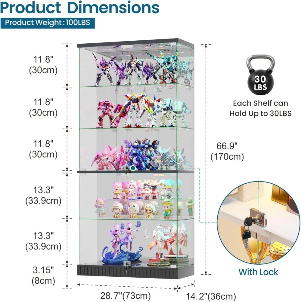 5-Tier Glass Display Cabinet with RGB Lights & Motion Sensor, Lockable for Collectibles, Books, Toys - Black