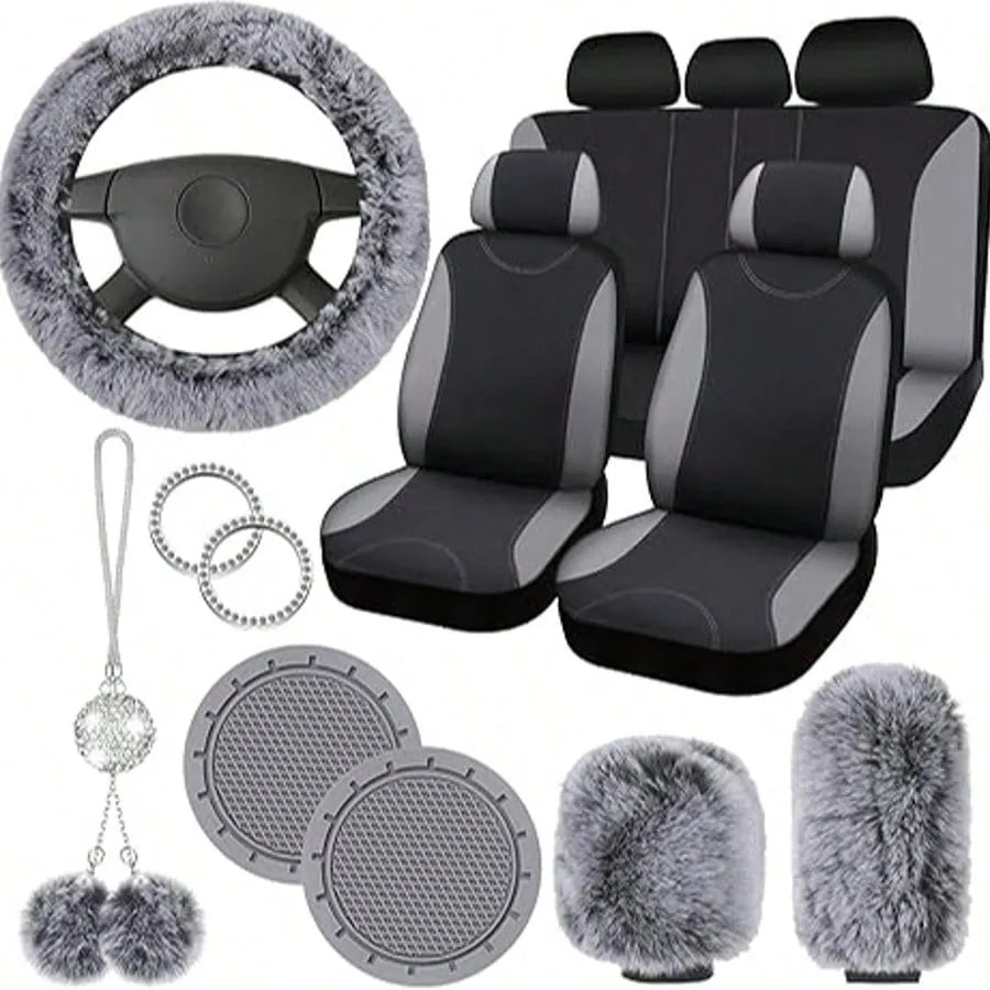 17pcs Car Seat Cover Full Set for Women Universal Fit Car Front Rear Fluffy Steering Wheel Fleece Handbrake Shift Covers Hanging Accessory Holder Ring Emblem (Rose Red Black), Car Seat Cover Full Set