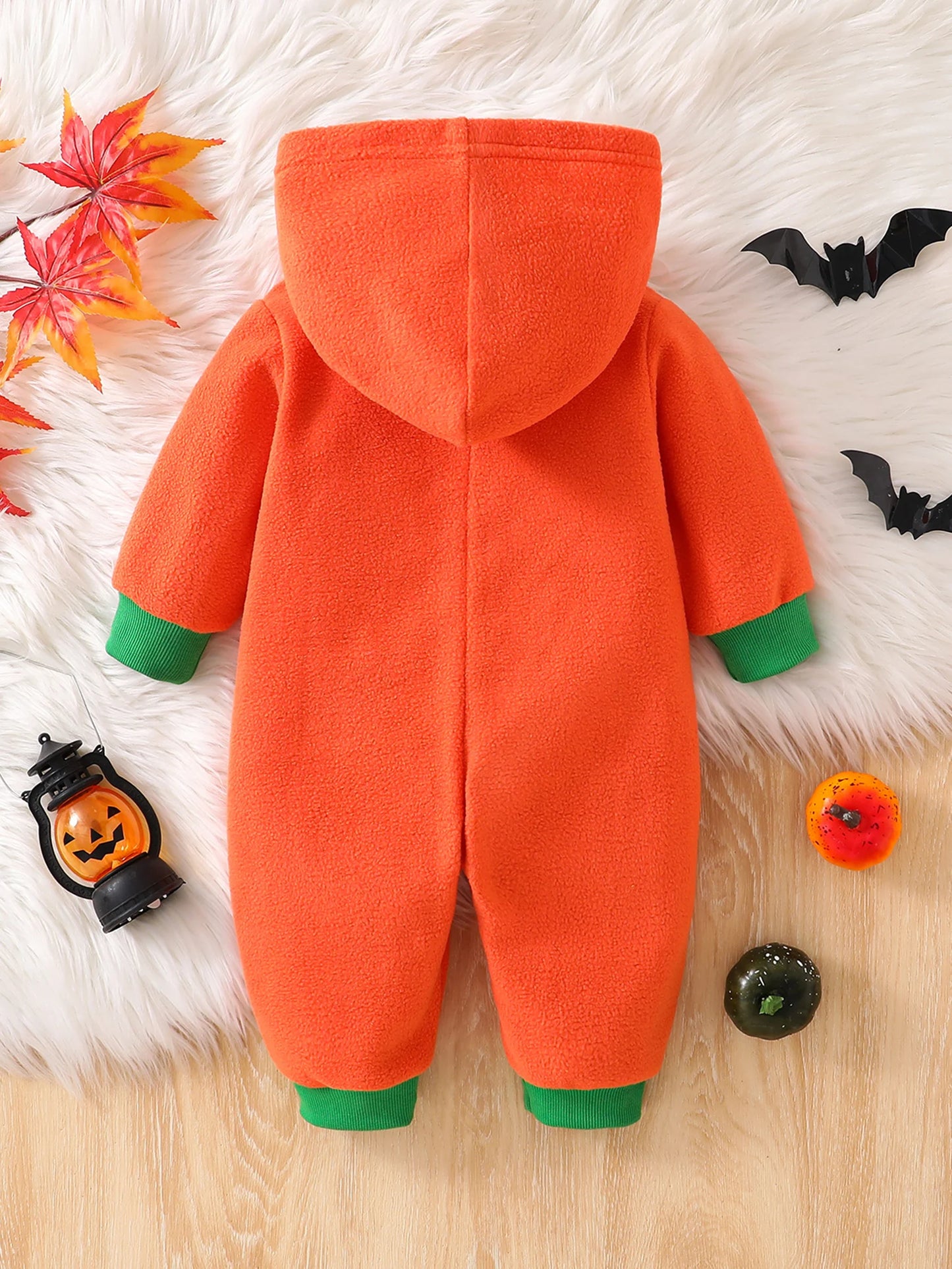 Infant Unisex Pumpkin Hooded Long Sleeve Romper With Contrast Trim Halloween Outfit For Baby Boy Or Girl