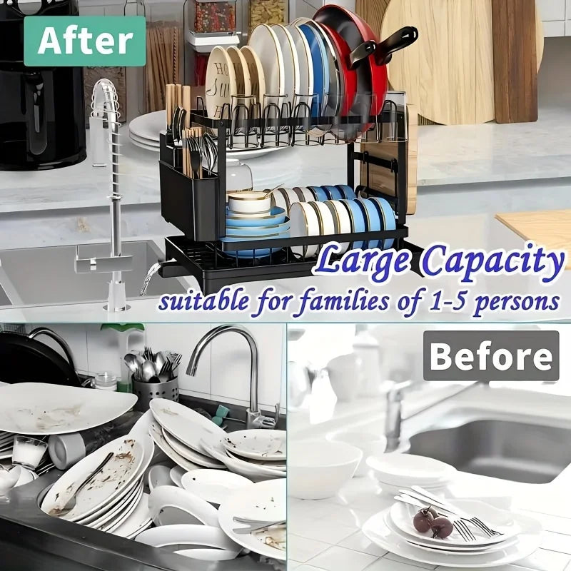 Dish Drying Rack Multifunctional Kitchen With Drainboard 2 Tier Space Saving Rack With Utensil Holder