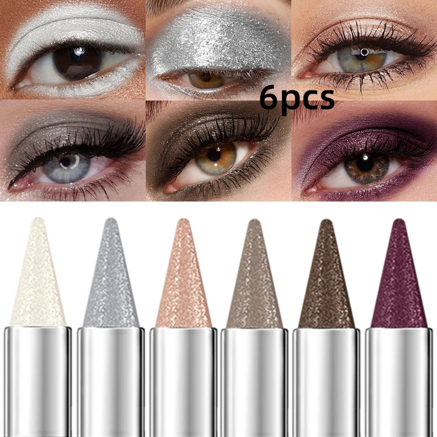 6pcs Metallic Brown Waterproof Eye shadow Pen Glitter Shiny Eye Shadow Stick Set Makeup for Women Gifts Pear Eye Cosmetics Smoky Black