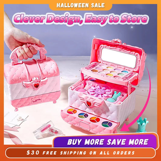 Kids Foldable Makeup Set For Girls Multi Layer Pretend Play Cosmetic Kit With Storage Box Educational Toy