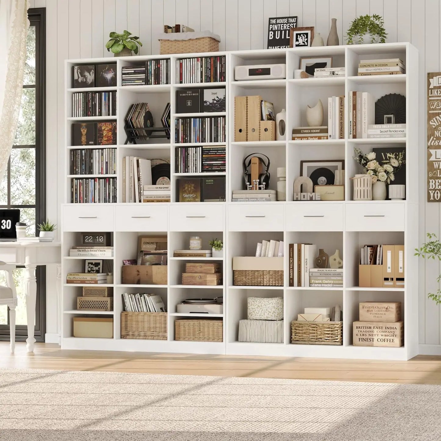 75" Tall Book Shelf and Bookcase, 47" Wide Bookshelf with Drawers, Modern 9 Tier Bookcase with Storage, Large Wood, Customized