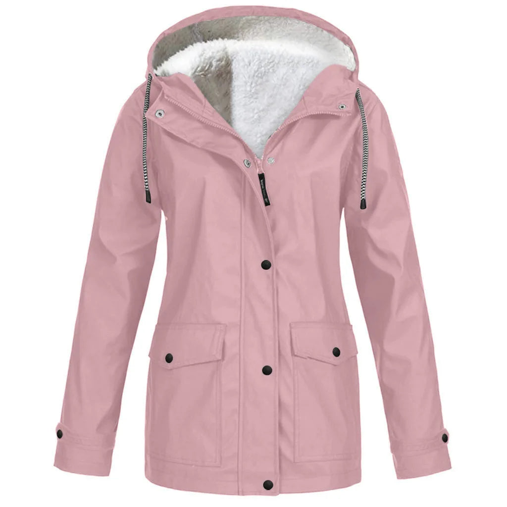 NONECN Women's Windproof Velvet Waterproof Hooded Jacket Outdoor Coat