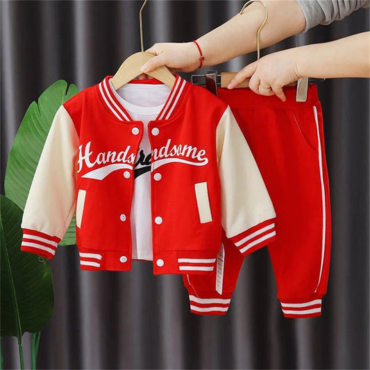 Boys Autumn Letter Print 3 Piece Single Breasted Jacket Round Neck Long Sleeve Cotton Top And Striped Sweatpants Set