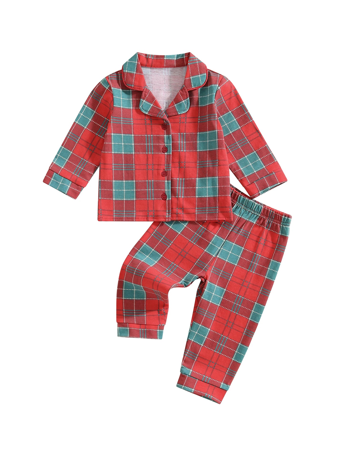 Child Autumn Checkered Pattern Pajama Set With Long Sleeve Lapel Collar Button Down Top And Matching Pants For Cozy