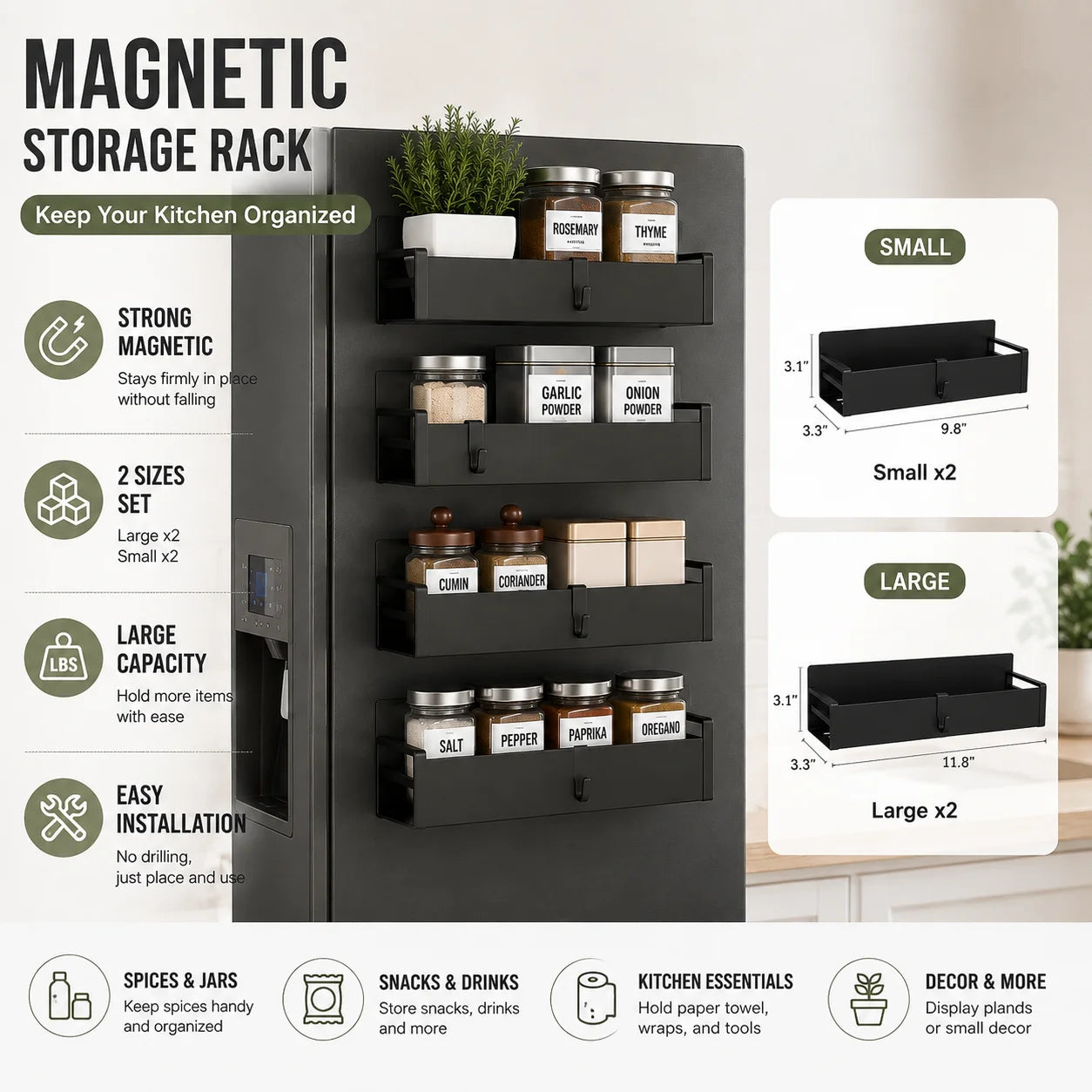 4 Pack Magnetic Spice Rack for Refrigerator, 2 Large & 2 Small Metal Fridge Side Organizer Shelves with Hooks, No Drilling Kitchen Storage Rack