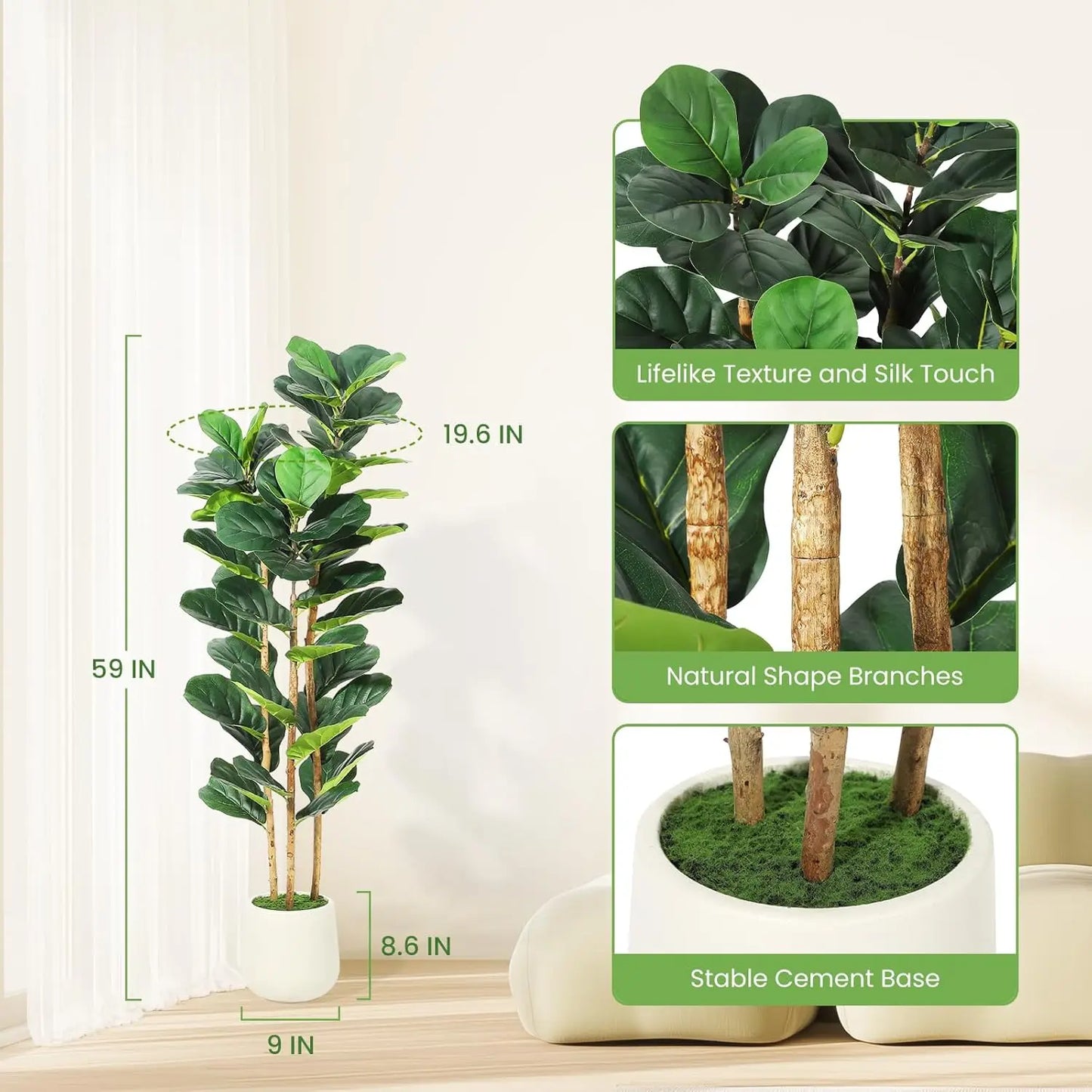 HiMISSCN Fiddle Leaf Fig Tree With Pot Artificial Plant