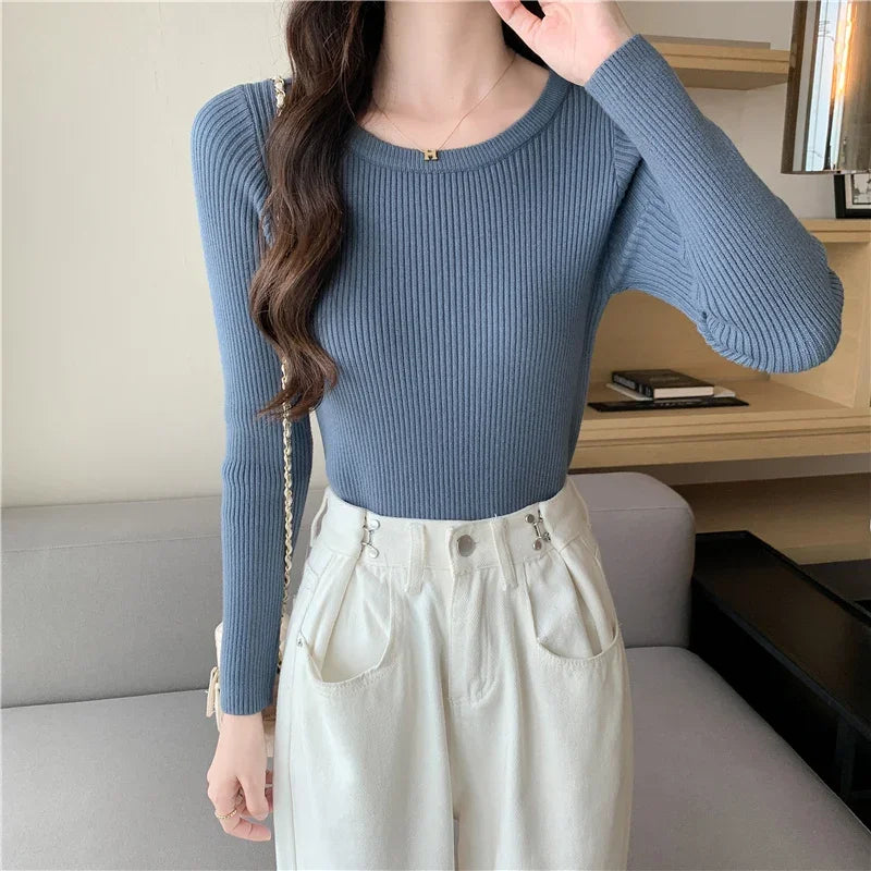 Zjaiss Women Knit O Neck Sweater Slim Fit Long Sleeve