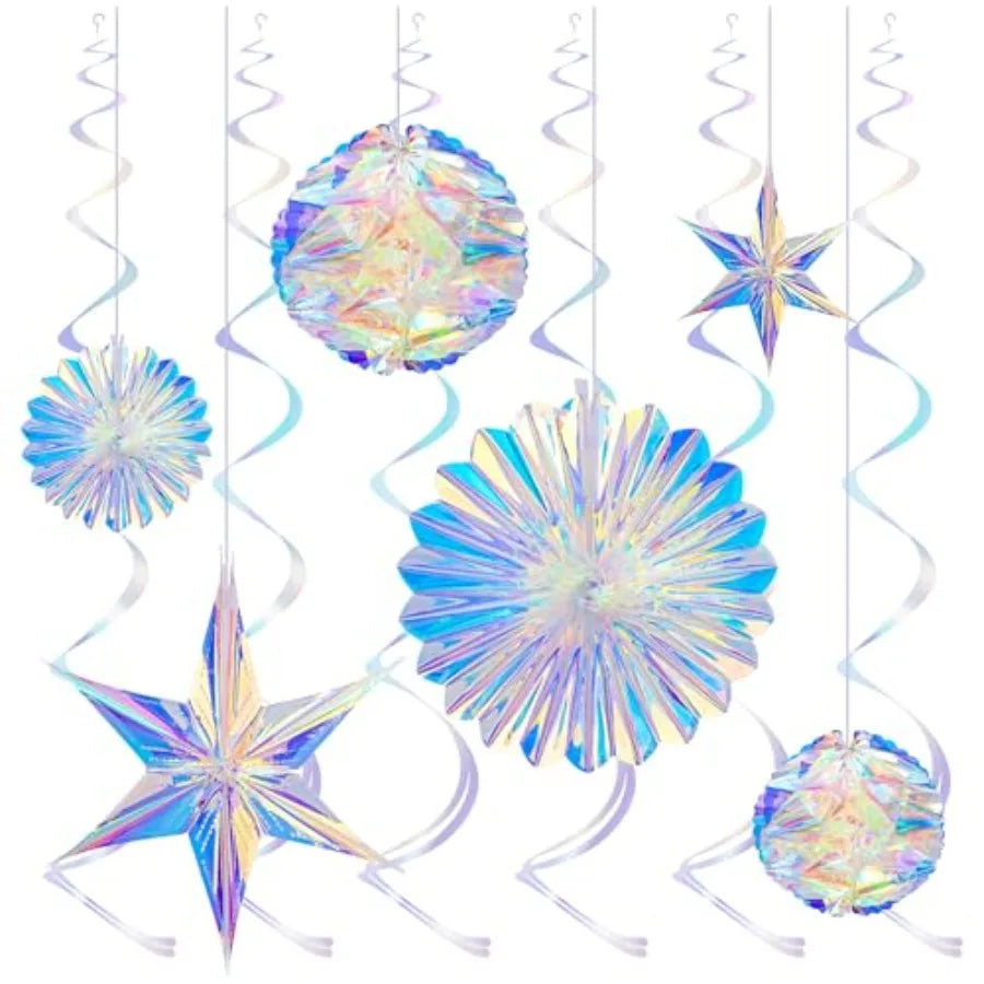 Iridescent Party Decorations, Hanging Honeycomb Balls, Paper Fans and 3D Star Ornaments, Holographic Ceiling Decor for Birthday