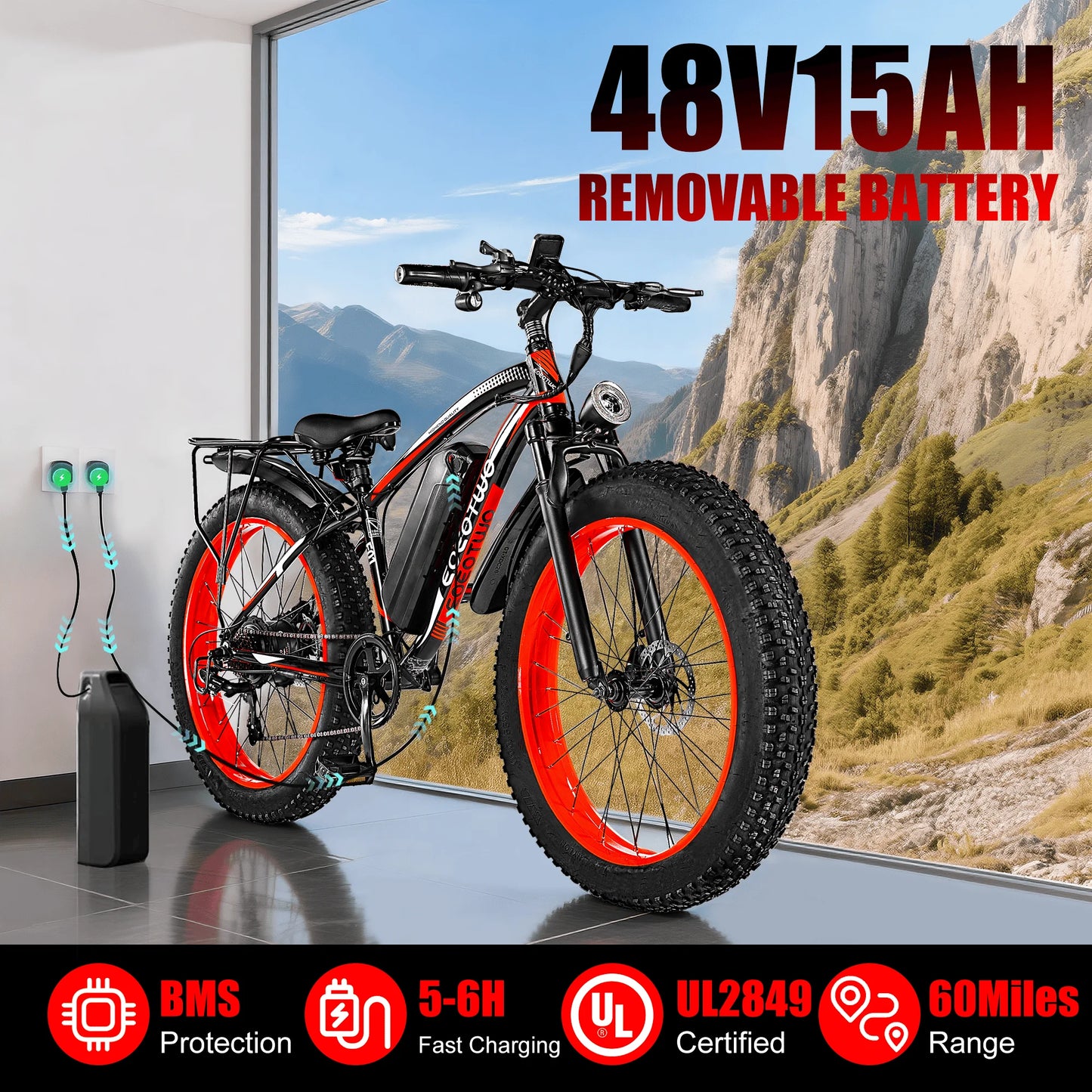 EOEOTWO Electric Fat Tire Mountain Bike 1500W 34MPH 48V Battery