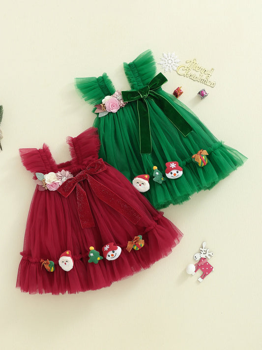 Toddler Girl Holiday Tulle Dress With 3D Flowers Santa Bow