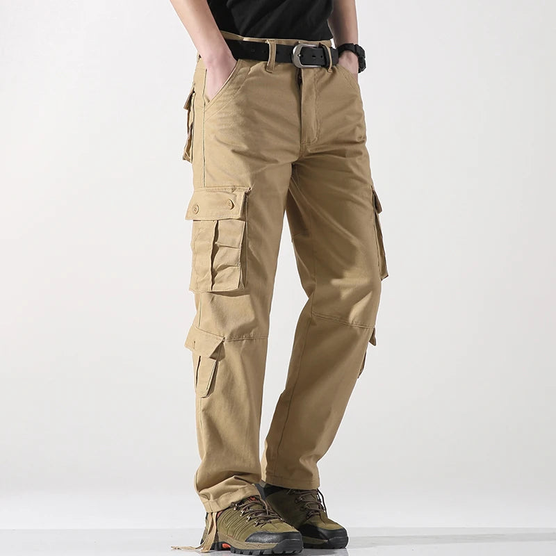 Eight Pockets 100 Percent Cotton Mens Cargo Pants Solid Color Breathable Outdoor Pants For Hiking Trekking Travel