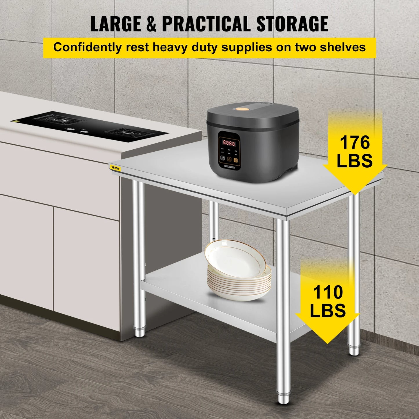VEVOR Kitchen Work Bench Stainless Steel Commercial Table With Undershelf