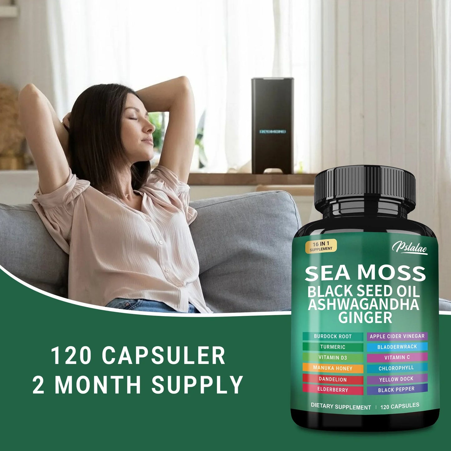 Sea Moss | Black Seed Oil | Ashwagandha | Ginger - Boosts The Immune System, Promotes Digestion and Joint Health | 120 Capsules