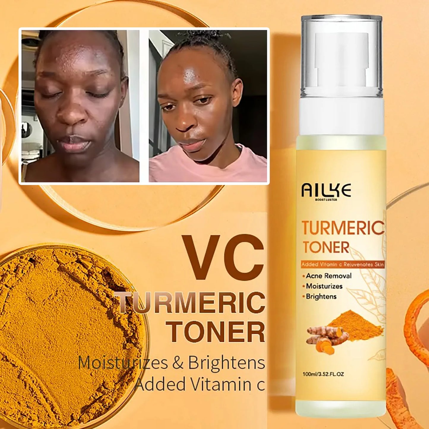 AILKE Natural Turmeric Skin Care Range, Lightening, Cleaning Skin, Moisturizes, Remove Acne and Pimples, Refining Pores