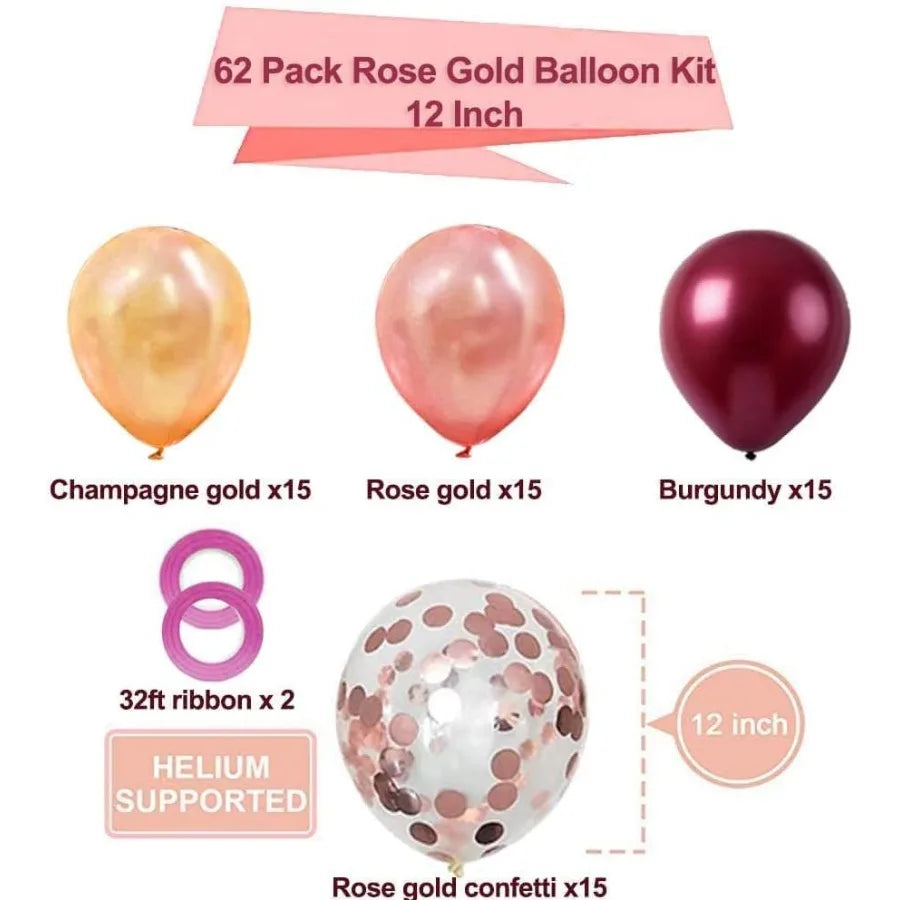 62 Piece Burgundy Rose Gold Confetti Latex Balloons Kit With 12 Inch Balloons For Women Baby Shower Wedding Party