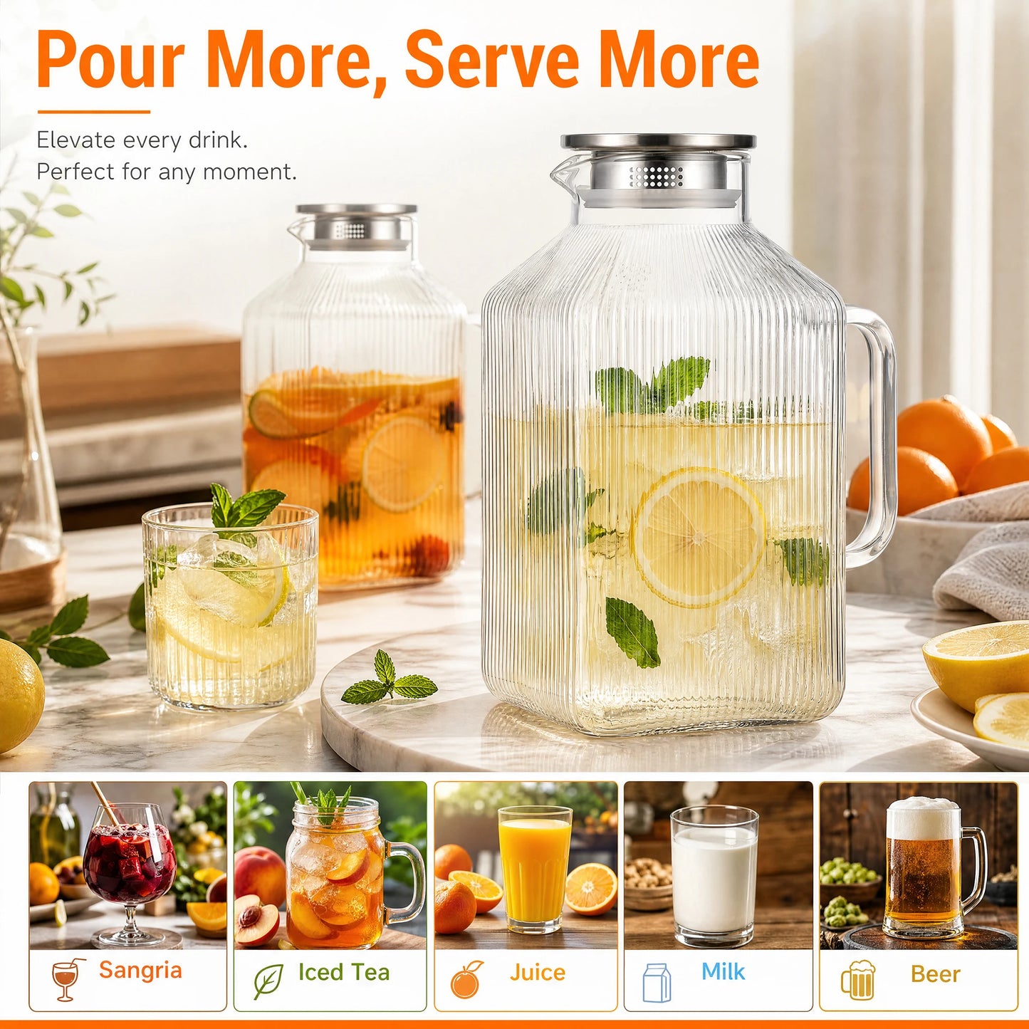 HiMISS Glass Water Pitcher With Handle And Strainer Lid