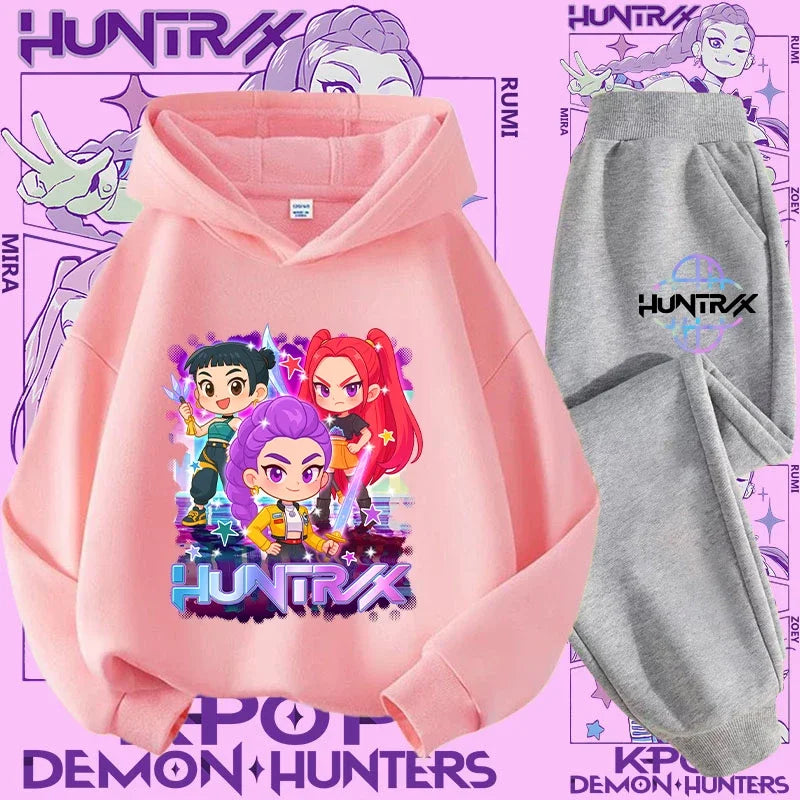Kpop Demon Hunter Kids Hoodie And Top Set Two Piece Cartoon Print Unisex Casual Wear