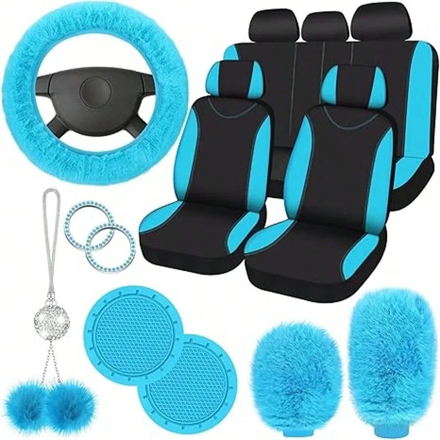 17pcs Car Seat Cover Full Set for Women Universal Fit Car Front Rear Fluffy Steering Wheel Fleece Handbrake Shift Covers Hanging Accessory Holder Ring Emblem (Rose Red Black), Car Seat Cover Full Set