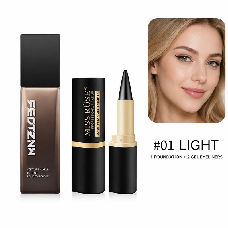 3PCS Makeup Set Full Coverage Liquid Foundation with 2 Waterproof Gel Eyeliners, Long-Lasting Matte Face Base, Smudge-Proof Black Eye Liner, Smooth Blendable Complexion and Eye Makeup Kit for Women, Natural Flawless Finish, D