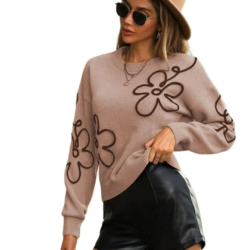 Autumn Winter Floral 3D Embroidered Round Neck Pullover For Women Loose Fit Long Sleeve Knit Top