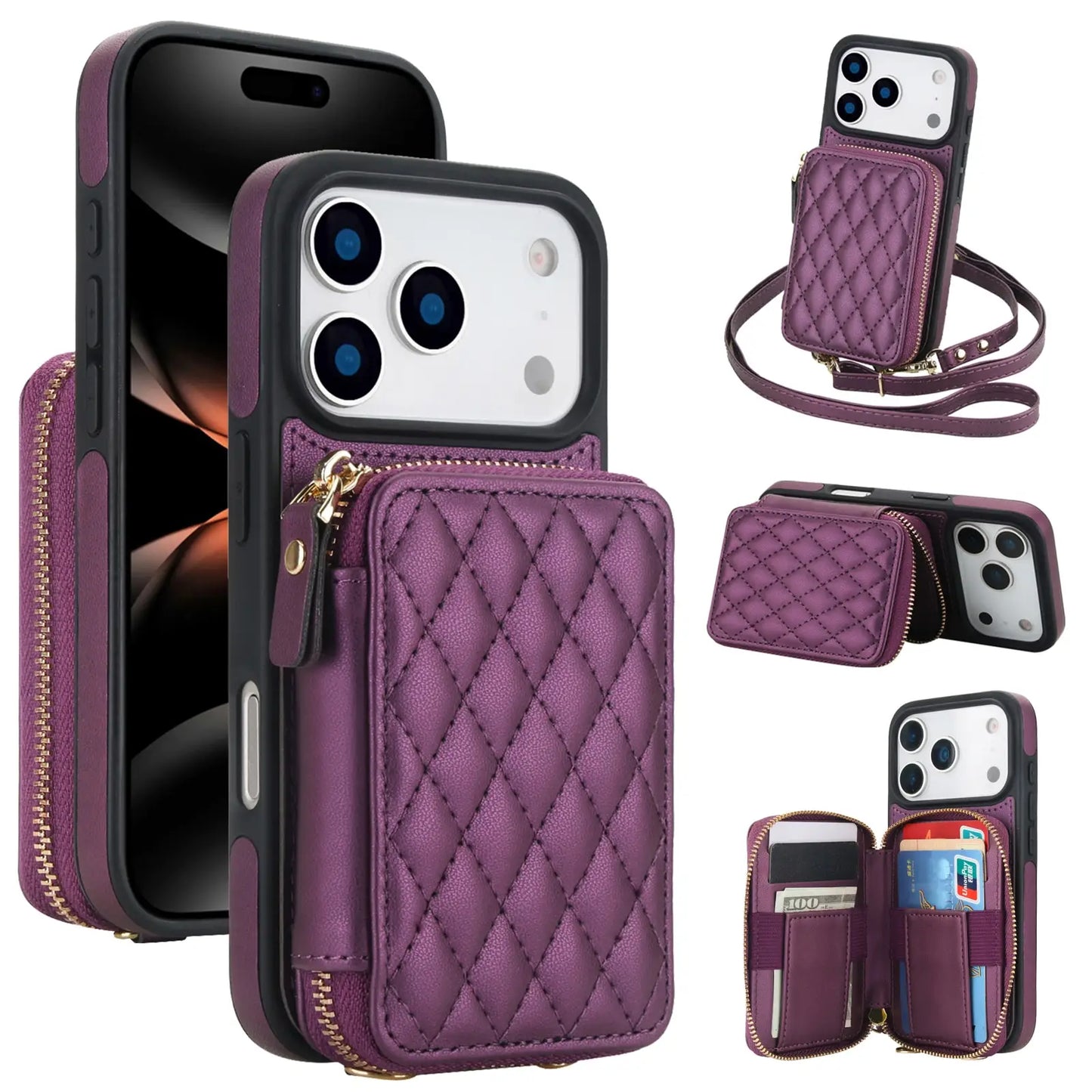 Crossbody for iPhone 17 Pro Max 17 Pro,RFID Blocking Zipper Handbag,Kickstand Folio Case,Card Slots Holder Wrist Strap Lanyard