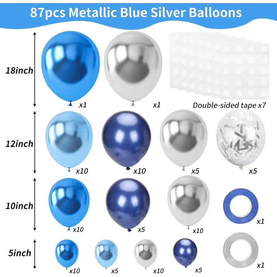 87 Pieces Metallic Blue and Silver Balloon Garland Kit With Confetti Balloons 18 12 10 and 5 Inch For Elegant Birthday