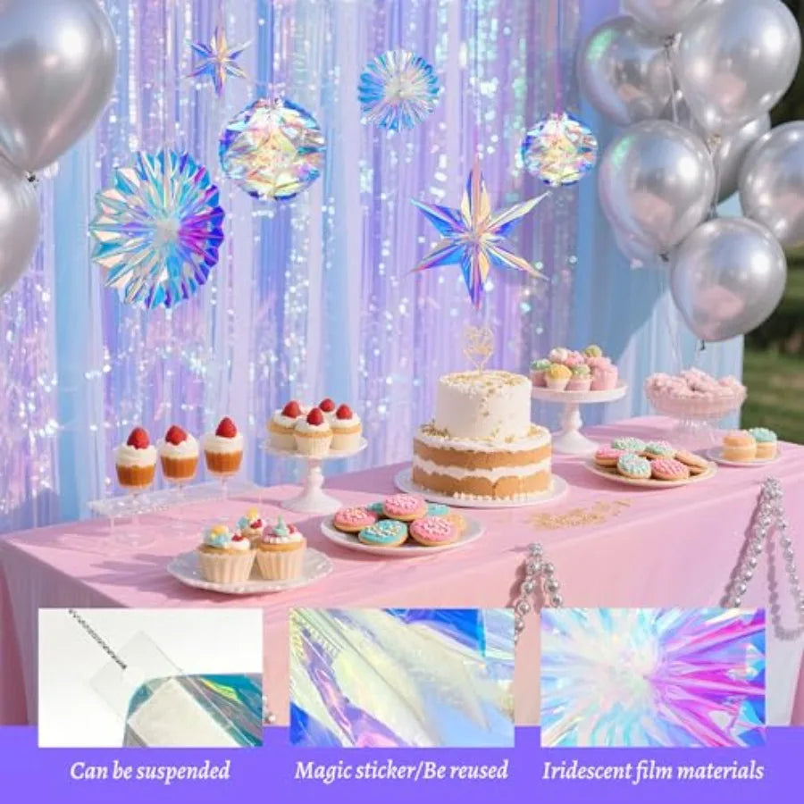 Iridescent Party Decorations, Hanging Honeycomb Balls, Paper Fans and 3D Star Ornaments, Holographic Ceiling Decor for Birthday