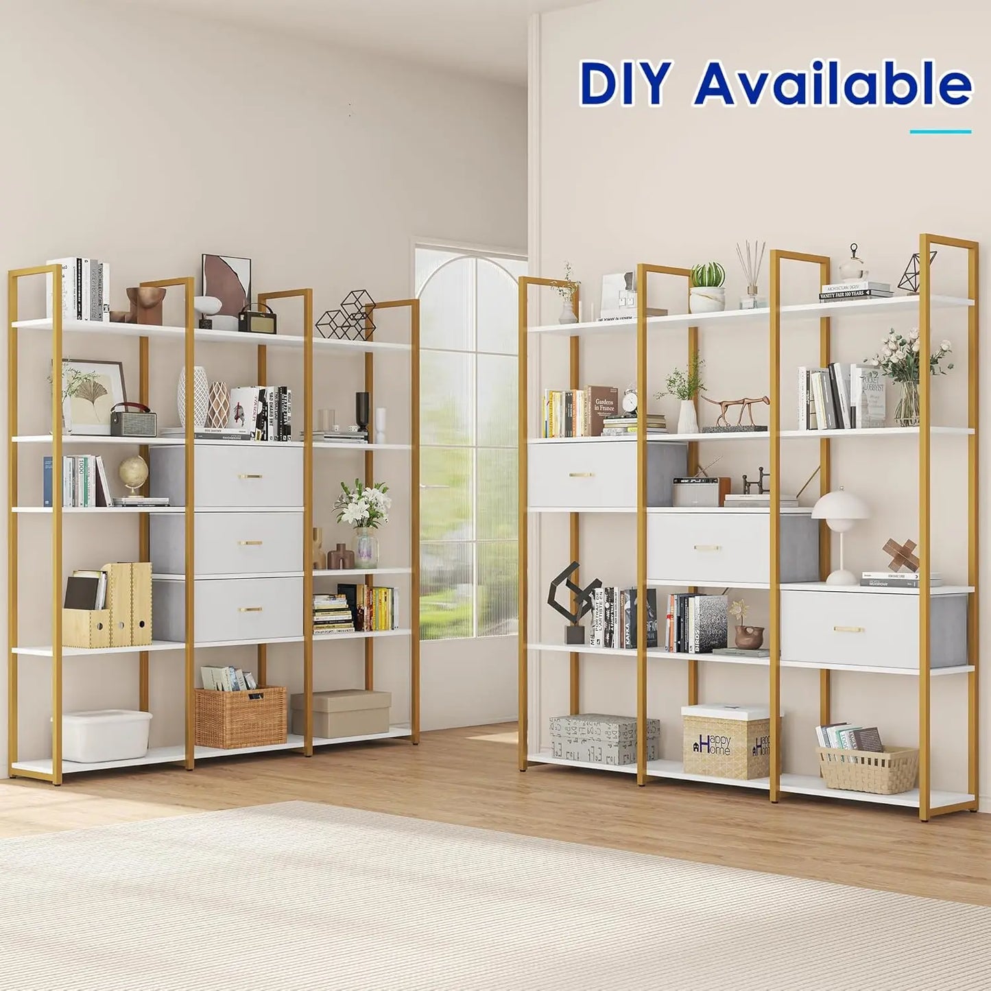 73.6" Triple Wide Bookshelf 3 Drawers 16 Open Shelves Industrial Storage Home Office Gold Customized