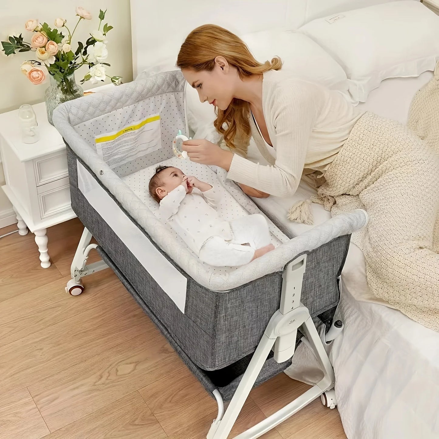 Three In One Bedside Baby Bassinet On Wheels Portable Crib