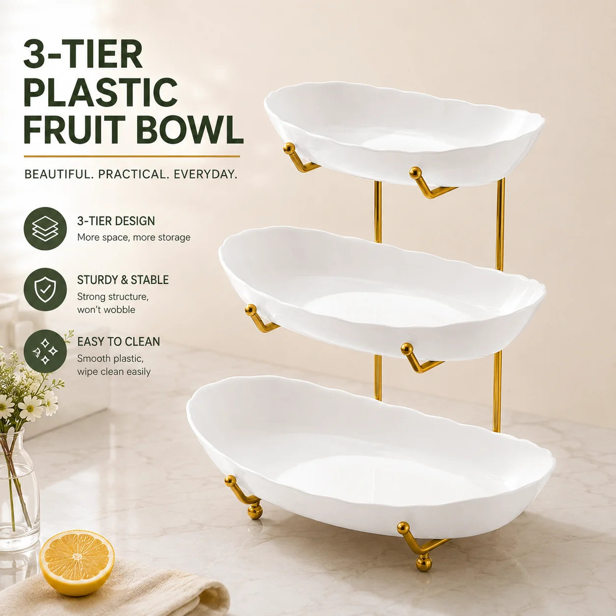 2/3-Tier Plastic Fruit Bowl Stand with Metal Frame, Large Capacity Countertop Fruit Basket for Fruits, Vegetables, Bread, Snacks & Desserts, Kitchen Counter Organizer