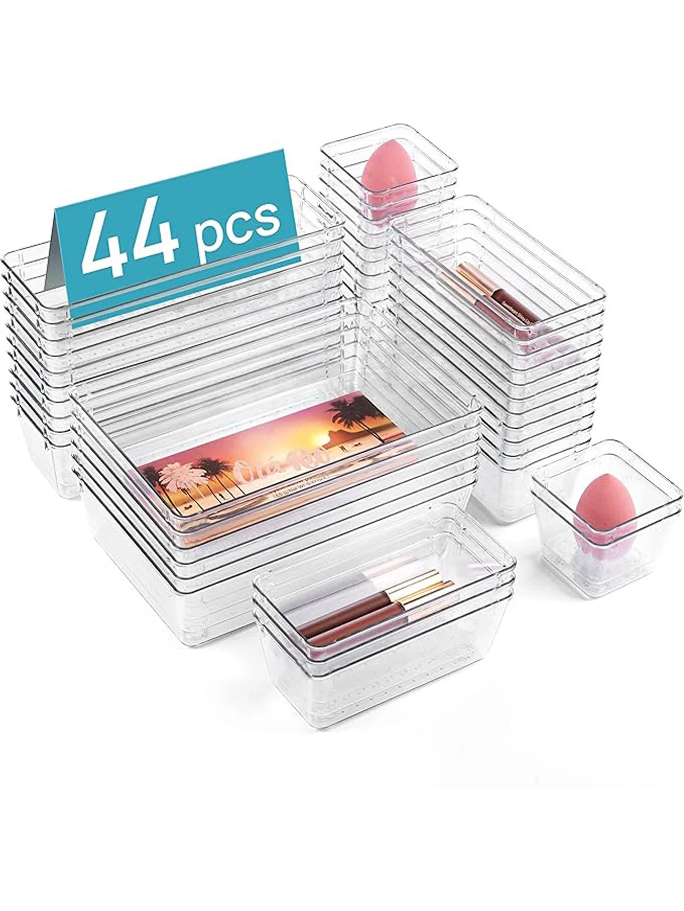 Drawer Storage Box Set 44pcs Transparent Plastic Organizer