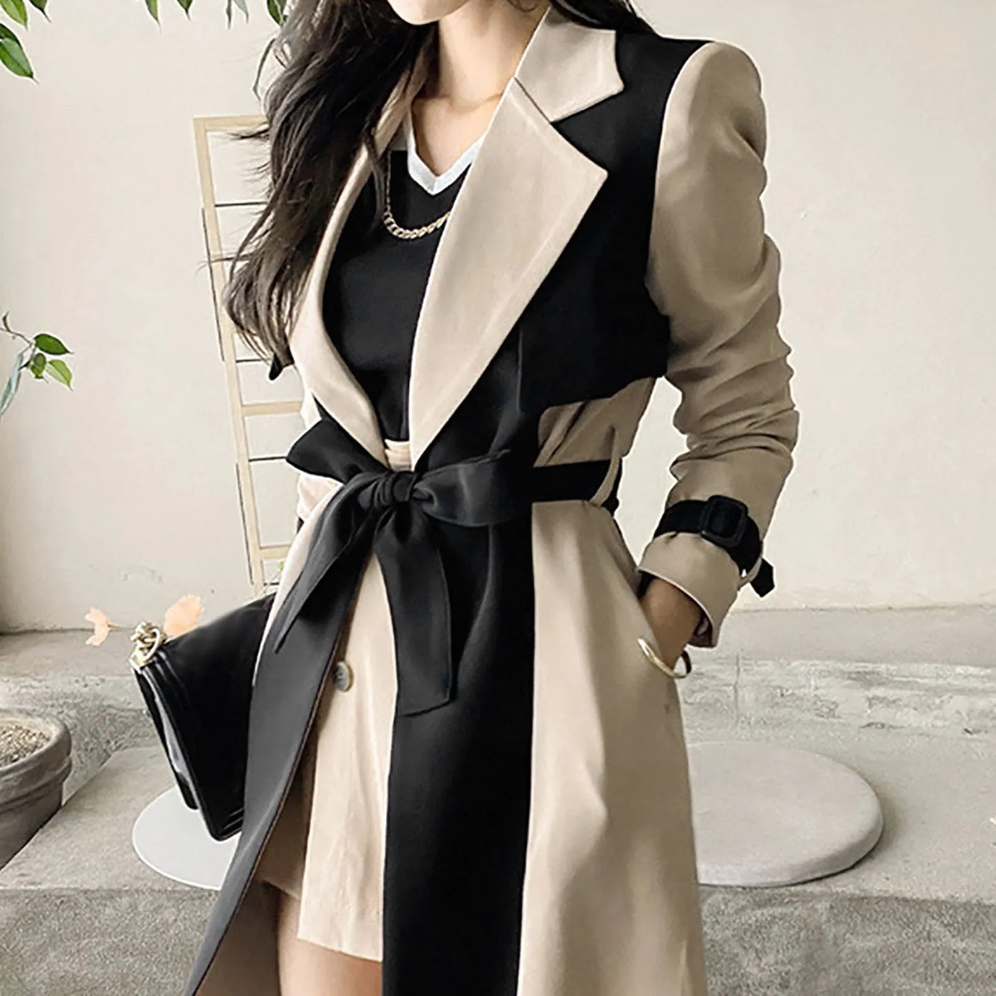 Women's Elegant Long Jacket Retro Windbreaker Trench Coat Notched Collar
