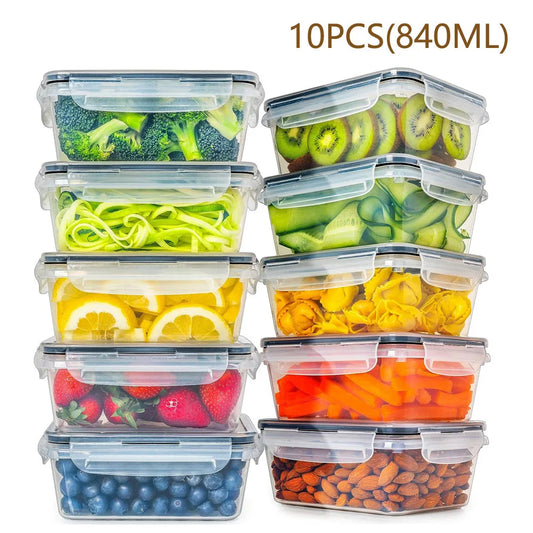 10 Pieces BPA Free Reusable Square Kitchen Storage Containers Set 840ml Microwave Safe Freezer Safe Dishwasher Safe
