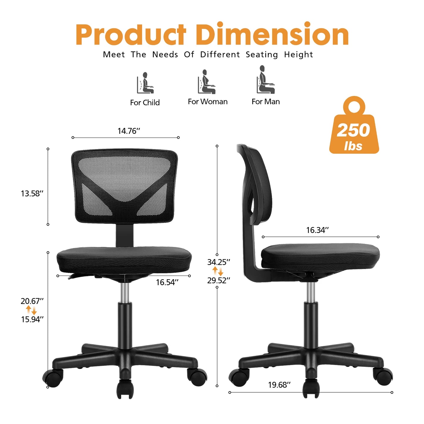 JHK Mesh Lumbar Support Armless Office Chair With Wheels Adjustable Height 360 Degree Rolling Swivel Computer Chair