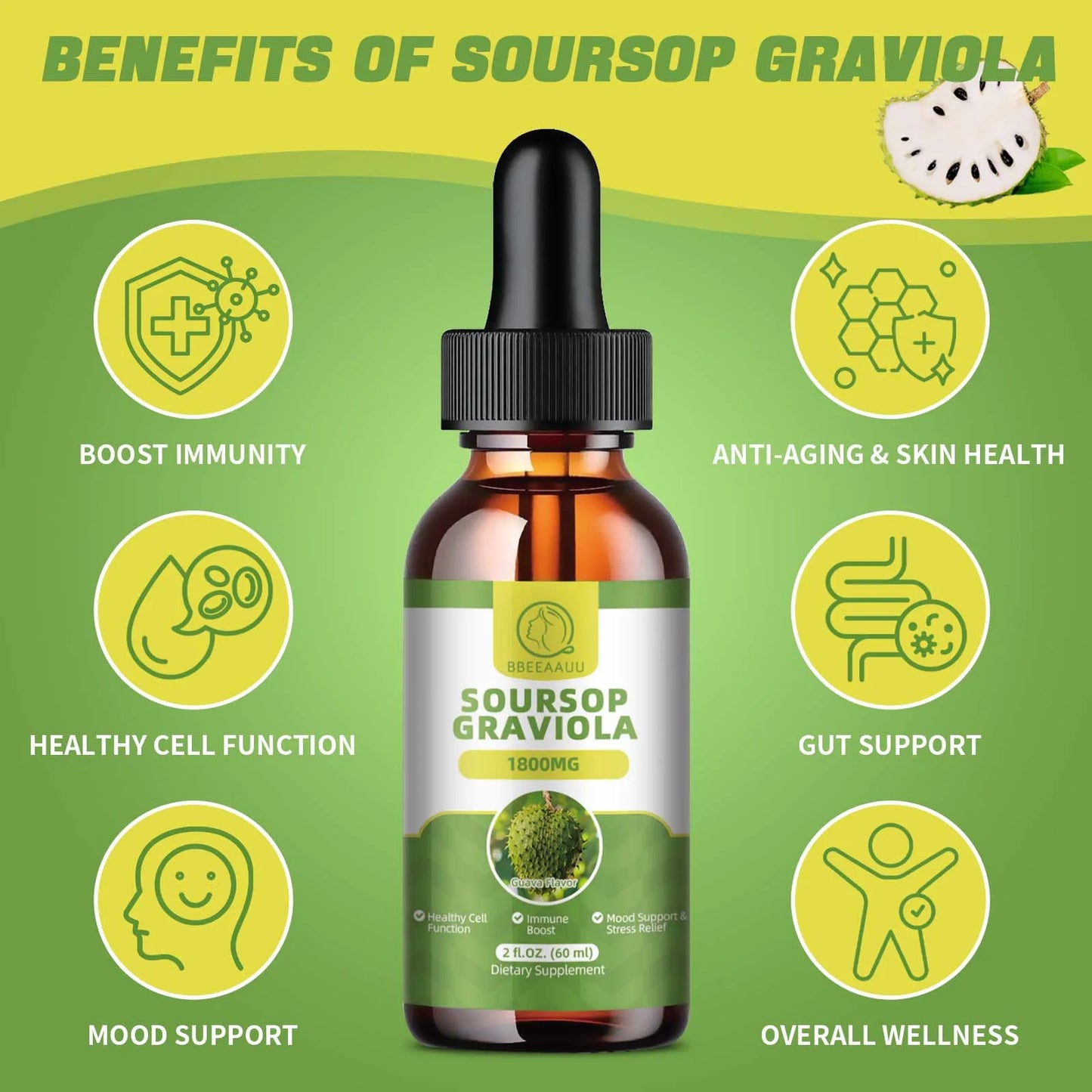 BBEEAAUU 60ml Natural Soursop Graviola Extract Drops Support Immunity and Kidney Health, Detox and Antioxidation Gluten-Free